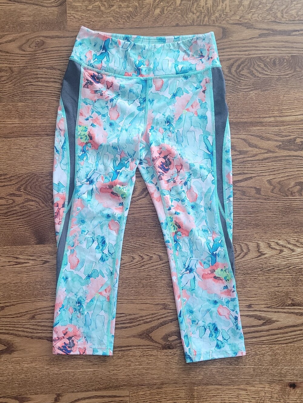 tek gear Aqua and Pink Floral Capri Leggings with Sheer Panels